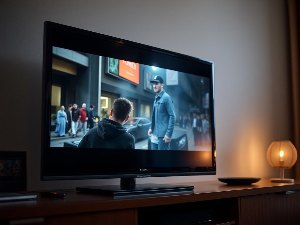 A person holding a remote control and watching TV